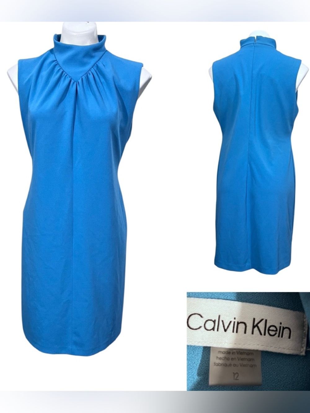 Calvin Klein dress sz 12  Blue Sleeveless Mock Neck Sheath knee length stretch